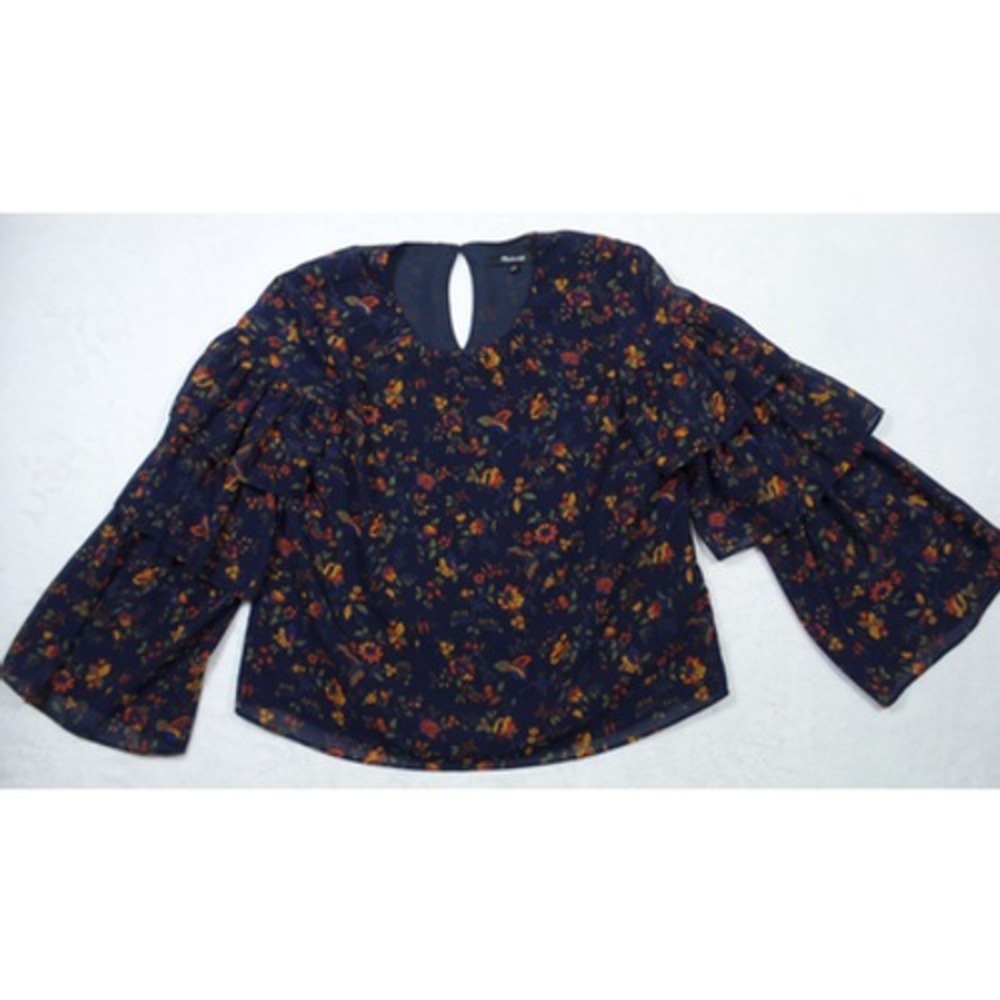 Madewell Top Womens‎ Size Small Blue Climbing Vine Floral Ruffle Sleeves Lined